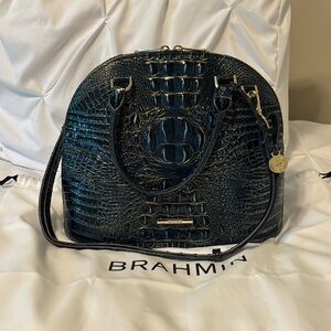 Brahmin Black Croc-Embossed Dome Satchel with Gold Hardware